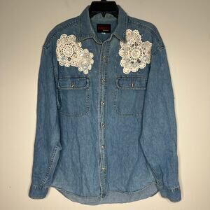 Vintage Sunbelt Sportswear Embellished Denim Long Sleeve Size Large *Flaw